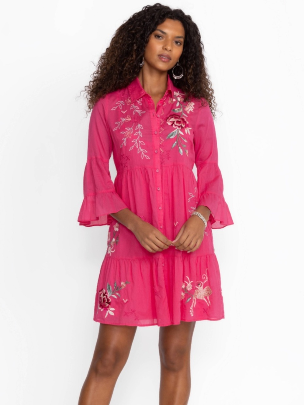 Johnny Was Erinn Easy Tiered Dress pink raspberry sorbet embroidery bohemian